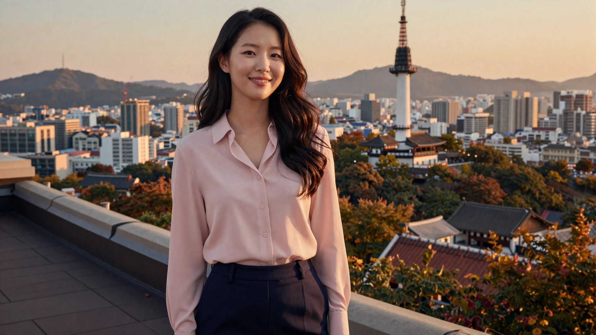 Beautiful Korean woman on a Seoul rooftop at golden hour with Namsan Tower in background seeking meaningful relationship