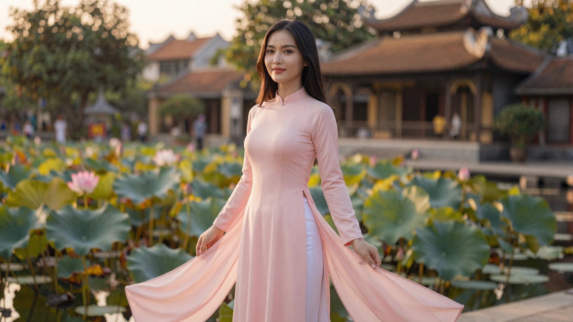 Beautiful Vietnamese woman in modern ao dai near a lotus pond in Hanoi at golden hour seeking meaningful relationship