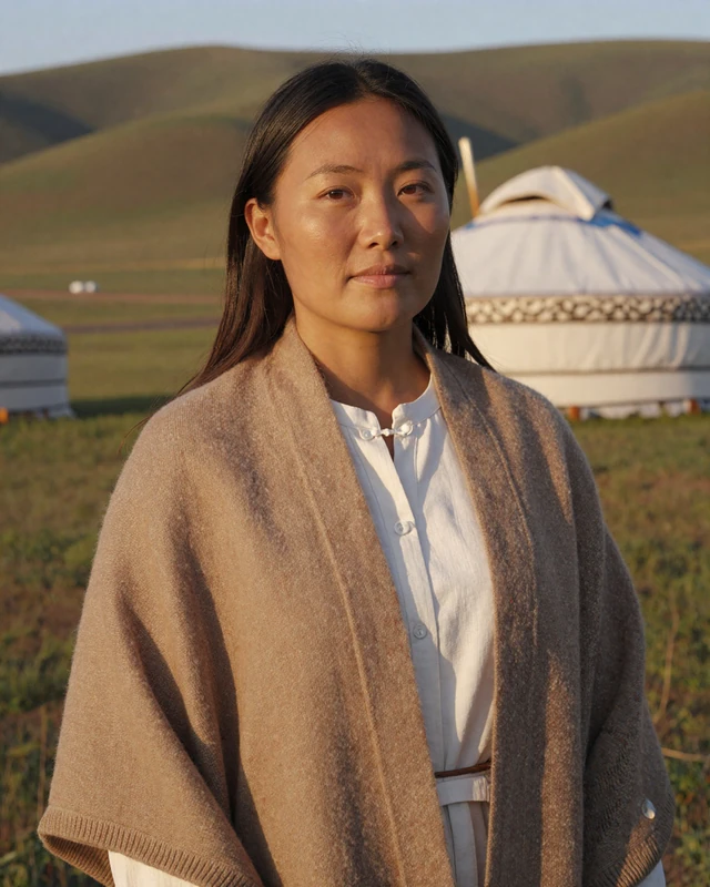 Mongolian woman wearing a warm wool shawl with green steppe hills and traditional ger in the background