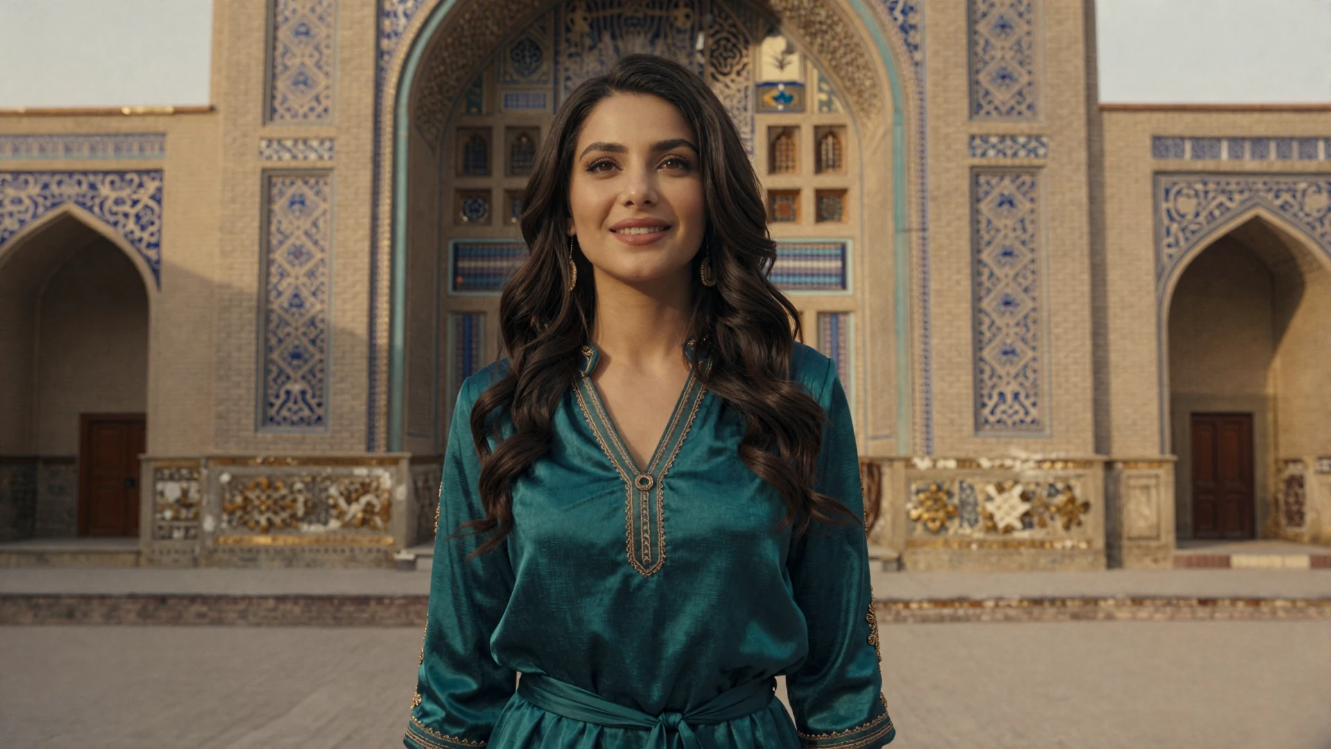 Beautiful Uzbek woman in elegant silk blouse standing in a sunlit courtyard with ornate turquoise Islamic tilework arches in Samarkand at golden hour
