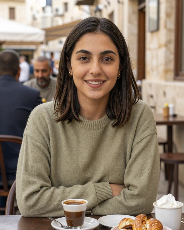 Jordanian woman enjoying Arabic coffee at an outdoor cafe in Amman