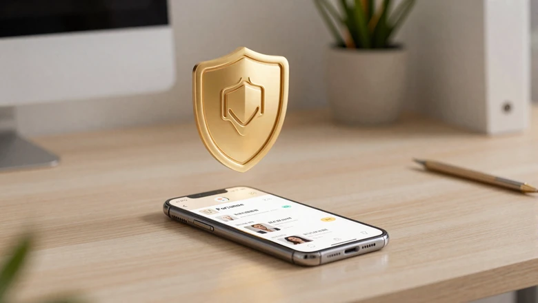 Smartphone showing dating app with gold security shield icon representing profile verification and online dating safety