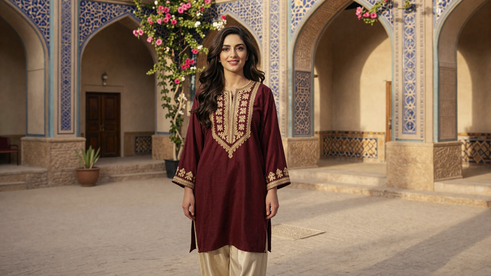 Beautiful Afghan woman in traditional embroidered tunic standing in a sunlit courtyard with ornate arches at golden hour