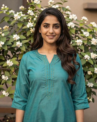 Fatima, 27, Pakistani woman from Lahore in teal kurta smiling in garden