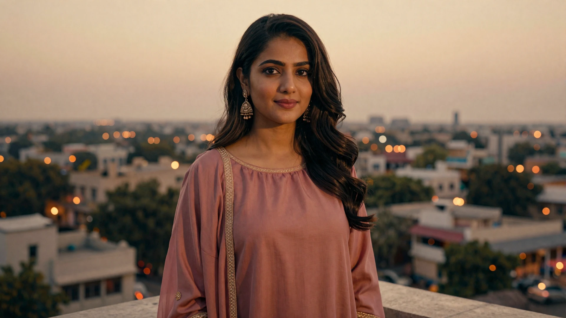 Beautiful Pakistani woman on a terrace in Lahore at golden hour, ready for meaningful connection
