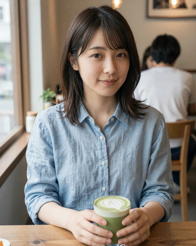 Japanese woman enjoying matcha at a cozy Tokyo cafe with warm natural light
