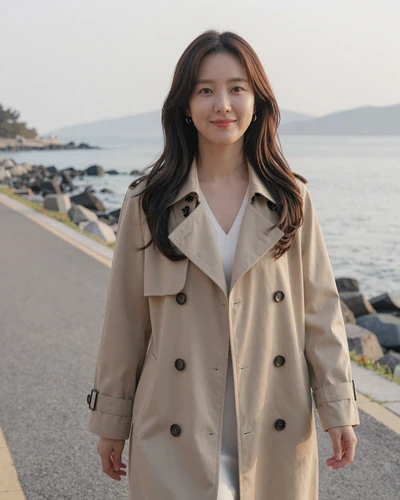 Soo-Yeon, 29, Korean woman from Busan in beige trench coat on coastal path