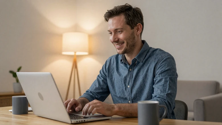 Western man smiling during a video chat date on his laptop in a warm living room setting