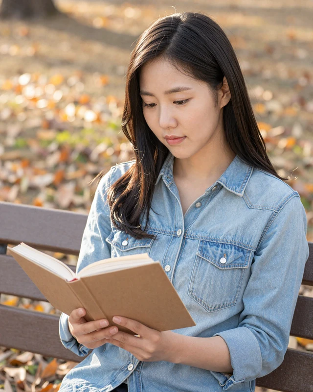 Korean woman in light blue denim shirt reading on a park bench surrounded by autumn leaves