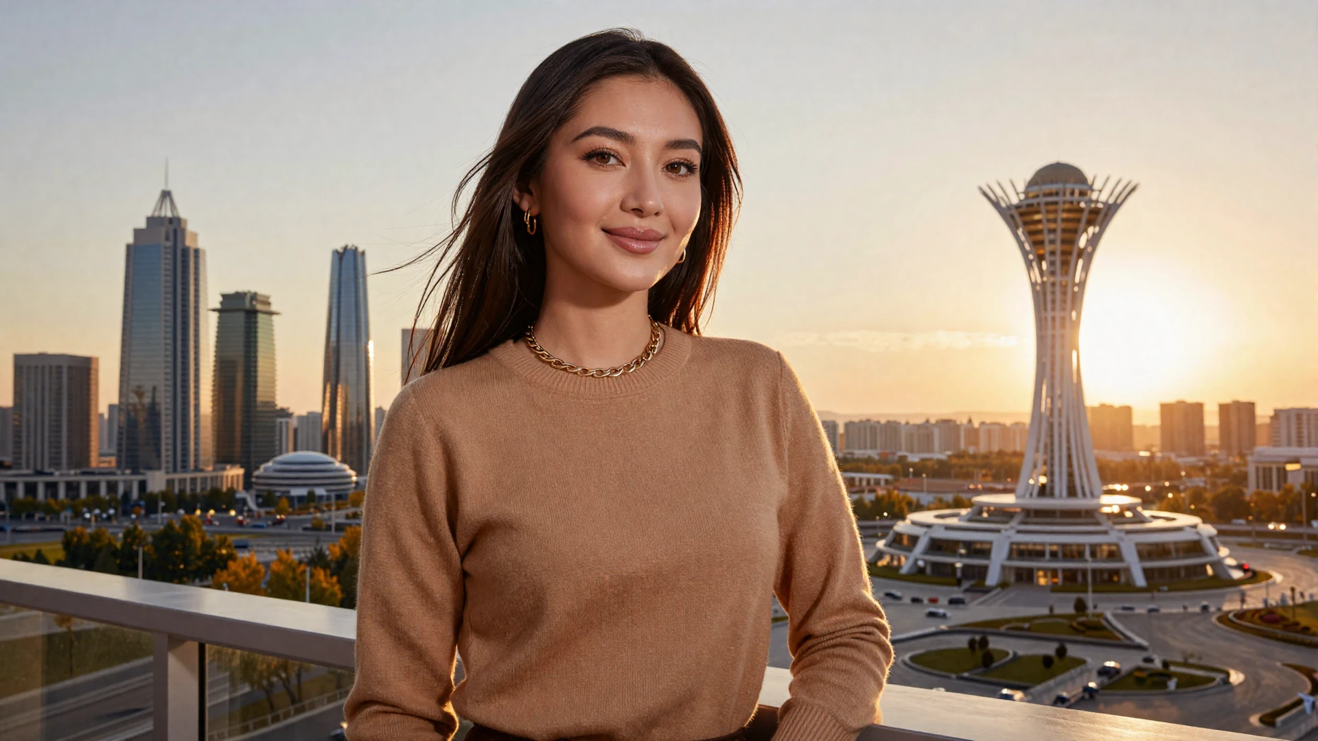 Beautiful Kazakh woman in elegant cashmere sweater standing on a balcony overlooking Astana skyline at golden hour