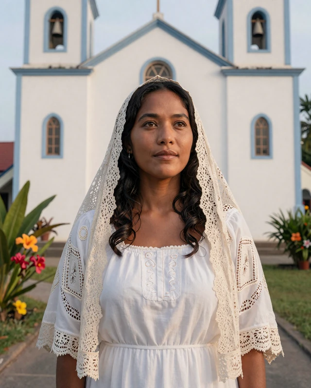 Timorese woman in a white dress standing outside a Catholic church in Timor-Leste surrounded by tropical flowers