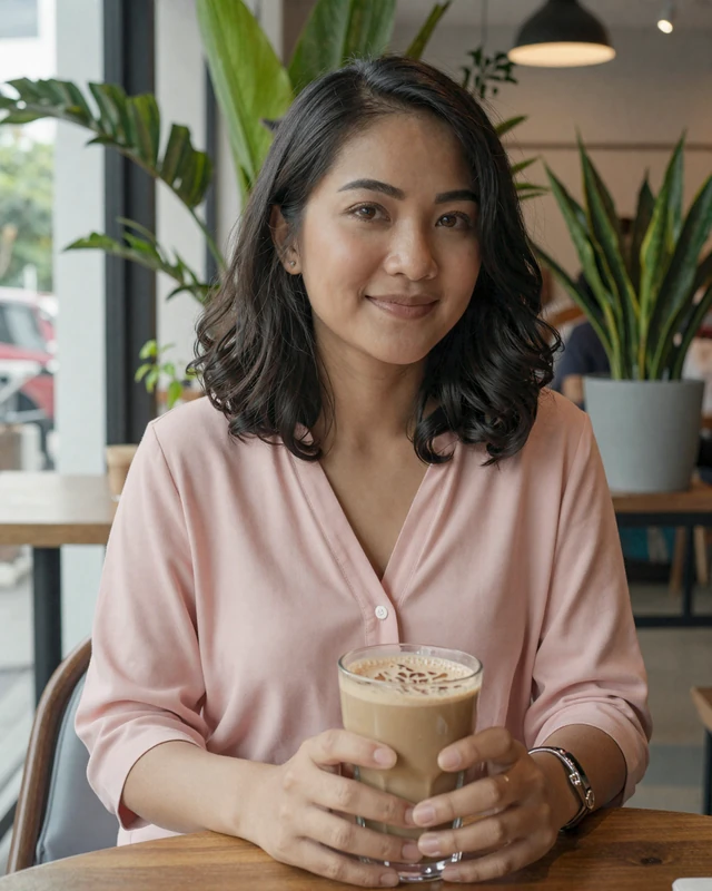 Attractive Malaysian woman enjoying teh tarik at a modern Kuala Lumpur cafe with tropical plants