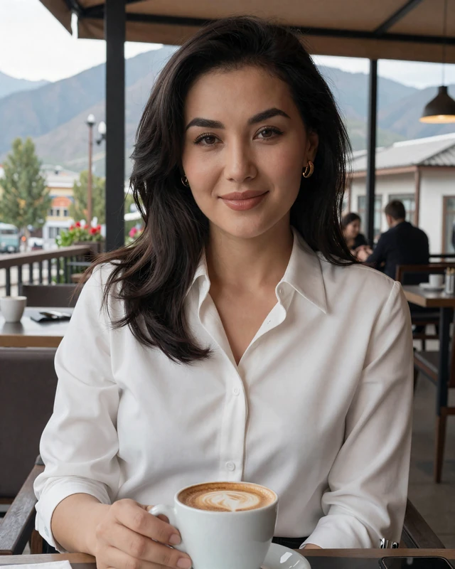 Kazakh woman enjoying coffee at a modern cafe in Almaty with mountain views