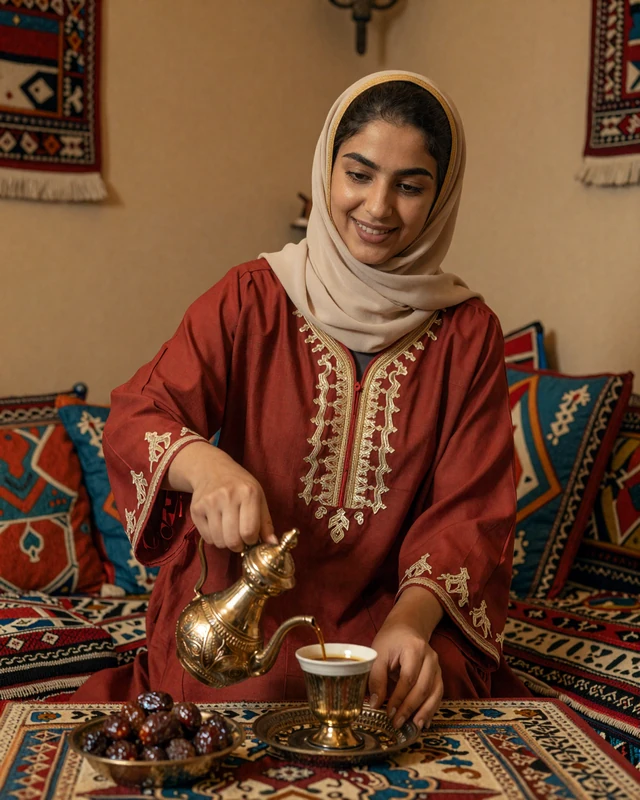 Yemeni woman preparing traditional coffee ceremony with ornate brass pot and dates in a warmly decorated room
