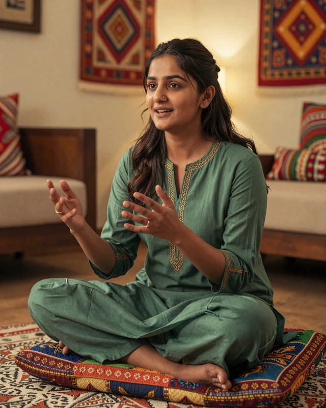 Indian woman in casual embroidered kurta relaxing in a warmly decorated living room setting