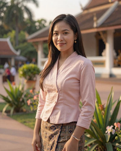 Chanphone, 25, Laotian woman from Vientiane in traditional sinh skirt near temple garden