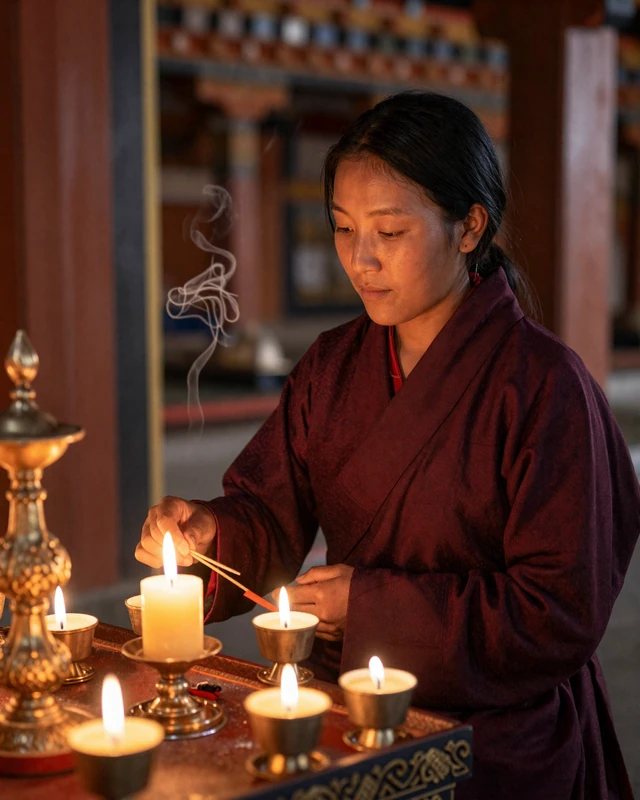 Bhutanese woman lighting butter lamps at a traditional Buddhist altar with peaceful expression