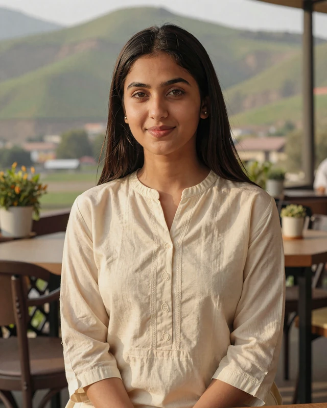 Pakistani woman enjoying outdoor cafe in Islamabad with Margalla Hills background