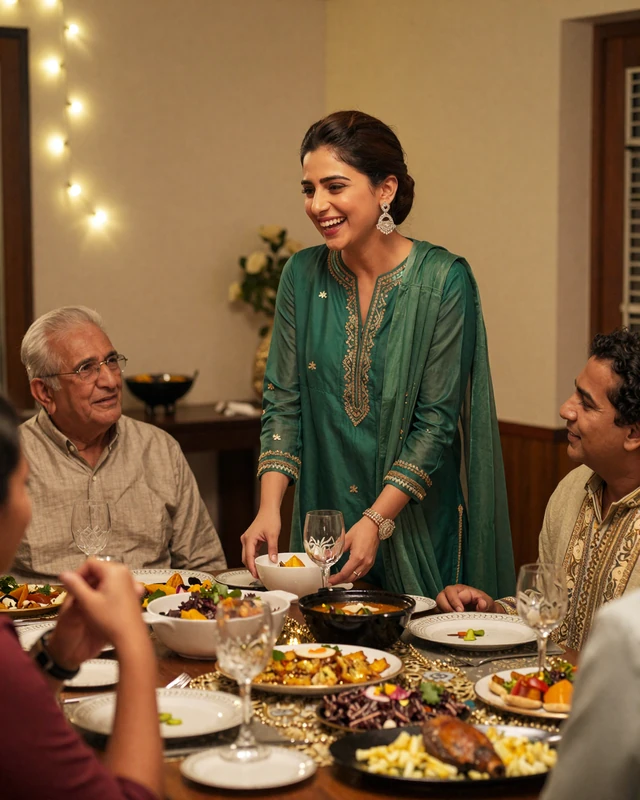 Pakistani woman sharing a joyful family dinner gathering in traditional setting