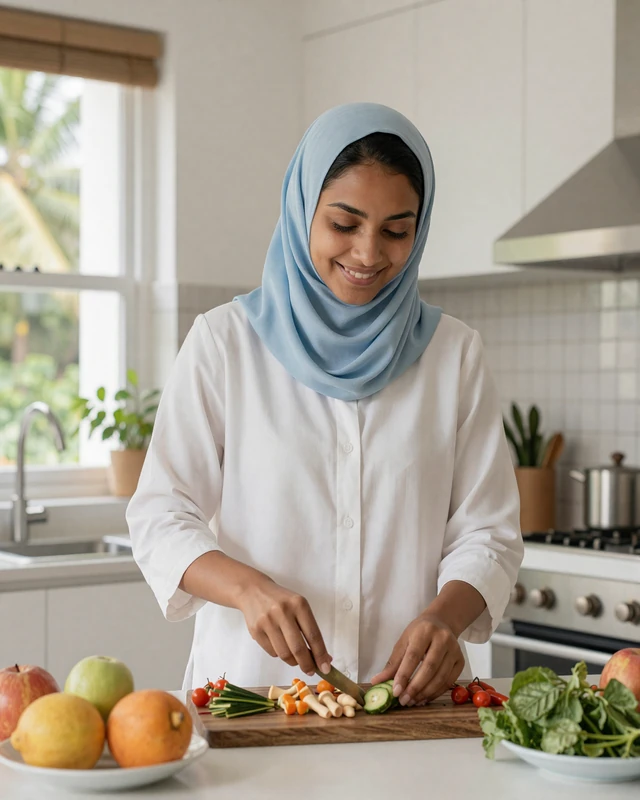Maldivian woman preparing traditional island cuisine in a bright modern kitchen