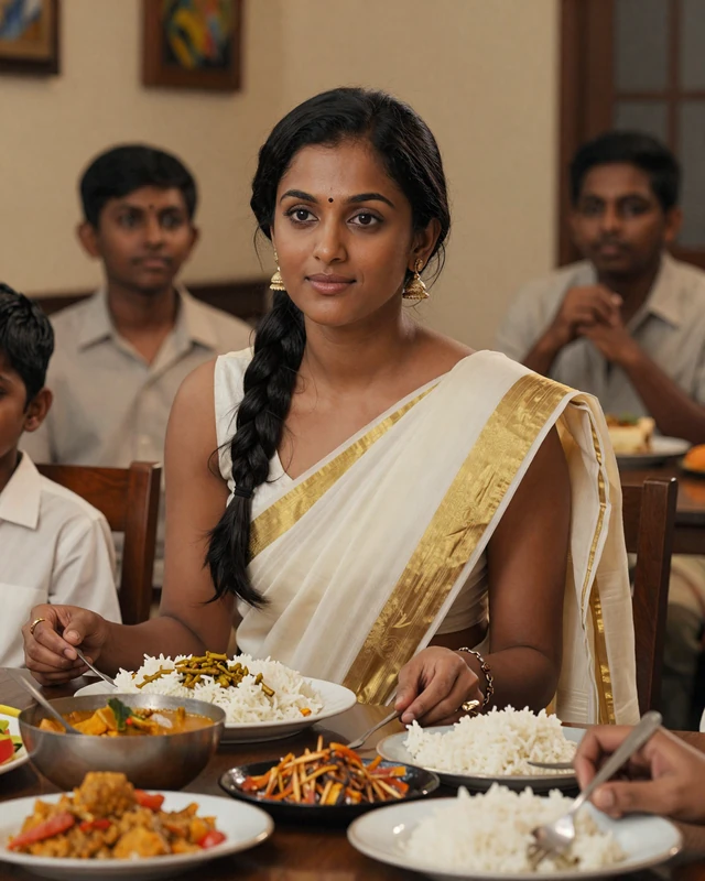 Sri Lankan woman sharing a traditional rice and curry family meal in a warm home setting