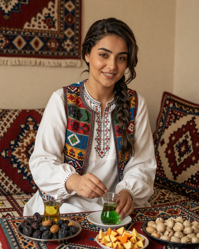 Afghan woman preparing traditional green tea with dried fruits in a warmly decorated room with Afghan carpets