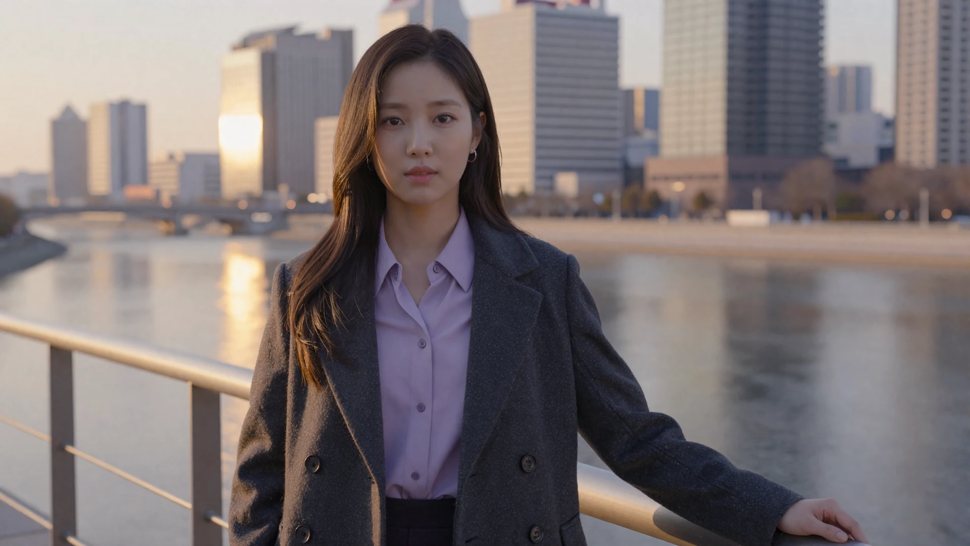 Beautiful Korean woman in lavender blouse standing on a modern city bridge at golden hour with warm sunlight