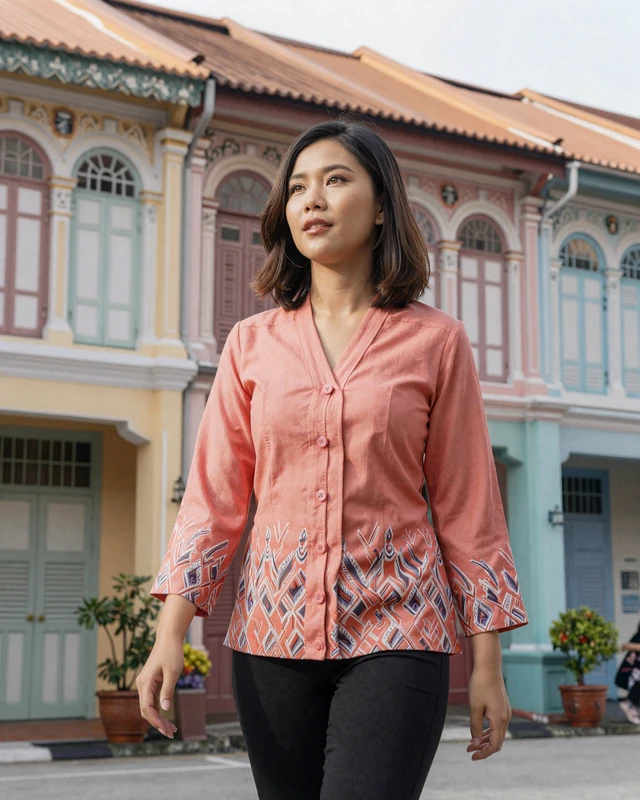 Singaporean woman of mixed heritage walking through colorful Peranakan shophouse district