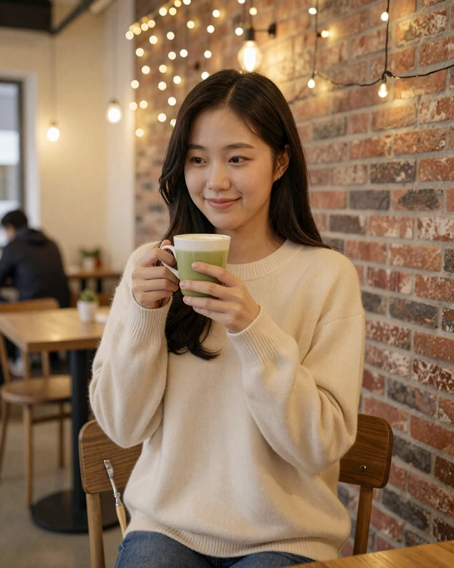Korean woman enjoying matcha in a cozy modern Seoul cafe with warm lighting