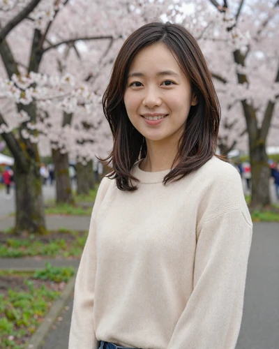 Yuki, 28, Japanese woman from Yokohama in cream sweater at cherry blossom park