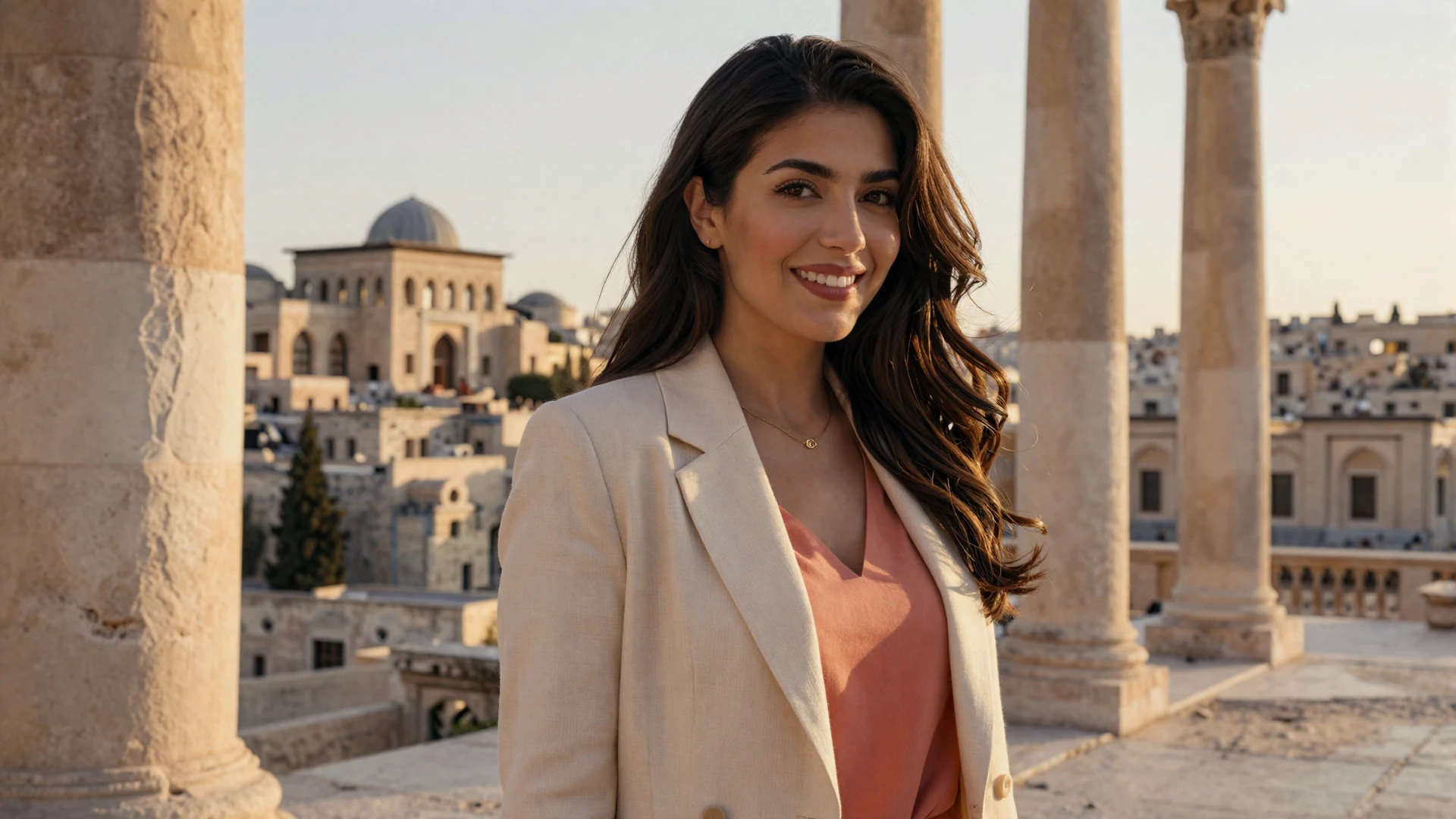 Beautiful Jordanian woman in elegant blazer standing near ancient stone columns in Amman at golden hour
