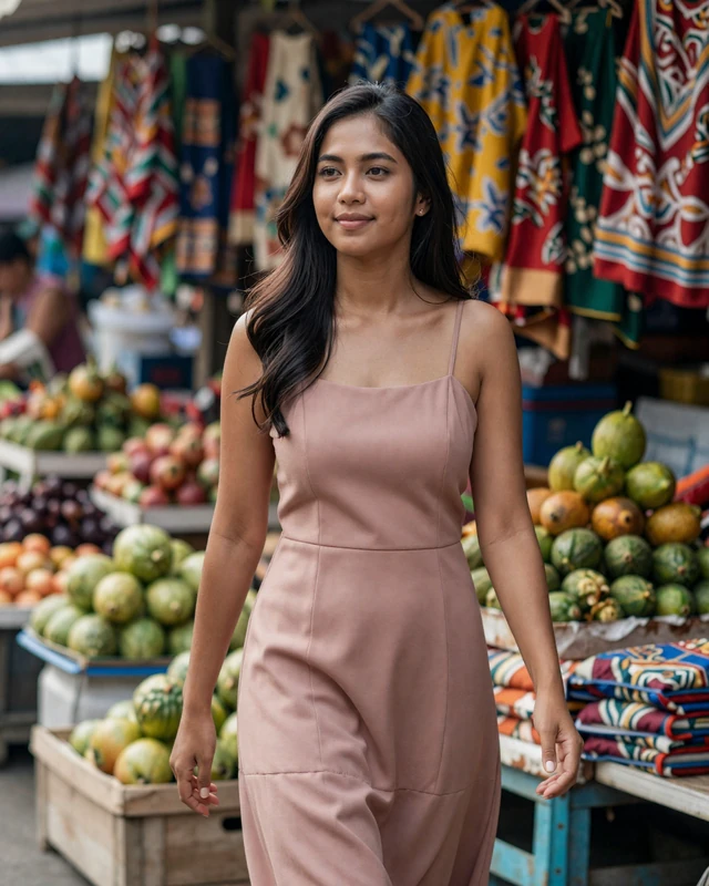Indonesian woman walking through a colorful traditional market with tropical fruits and batik fabrics