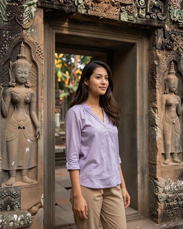 Cambodian woman standing near an ancient Khmer temple doorway with carved apsara dancers in soft morning light