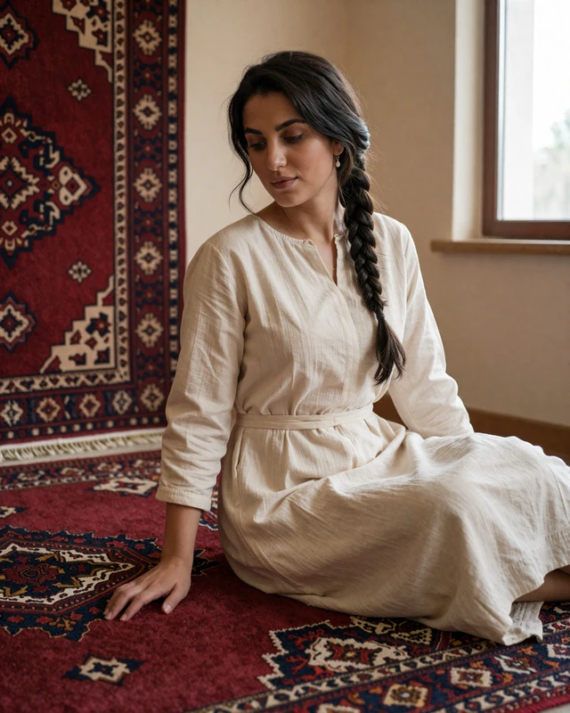 Turkmen woman in cream dress sitting beside a traditional Turkmen carpet with geometric patterns in warm natural light