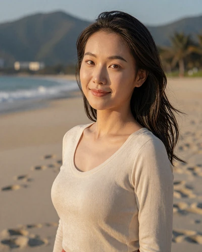 Huong, 29, Vietnamese woman from Da Nang on beach with mountains seeking lasting relationship