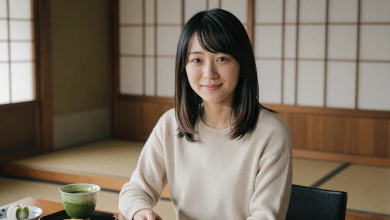 Japanese woman enjoying tea at a traditional tea house showing East Asian cultural dating atmosphere