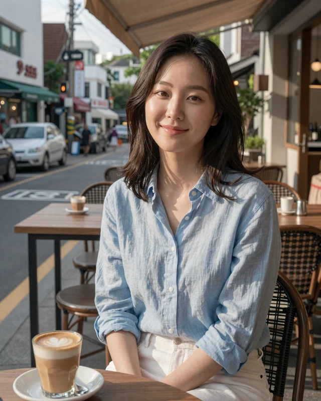 Korean woman enjoying a latte at a stylish cafe in Seoul Gangnam district