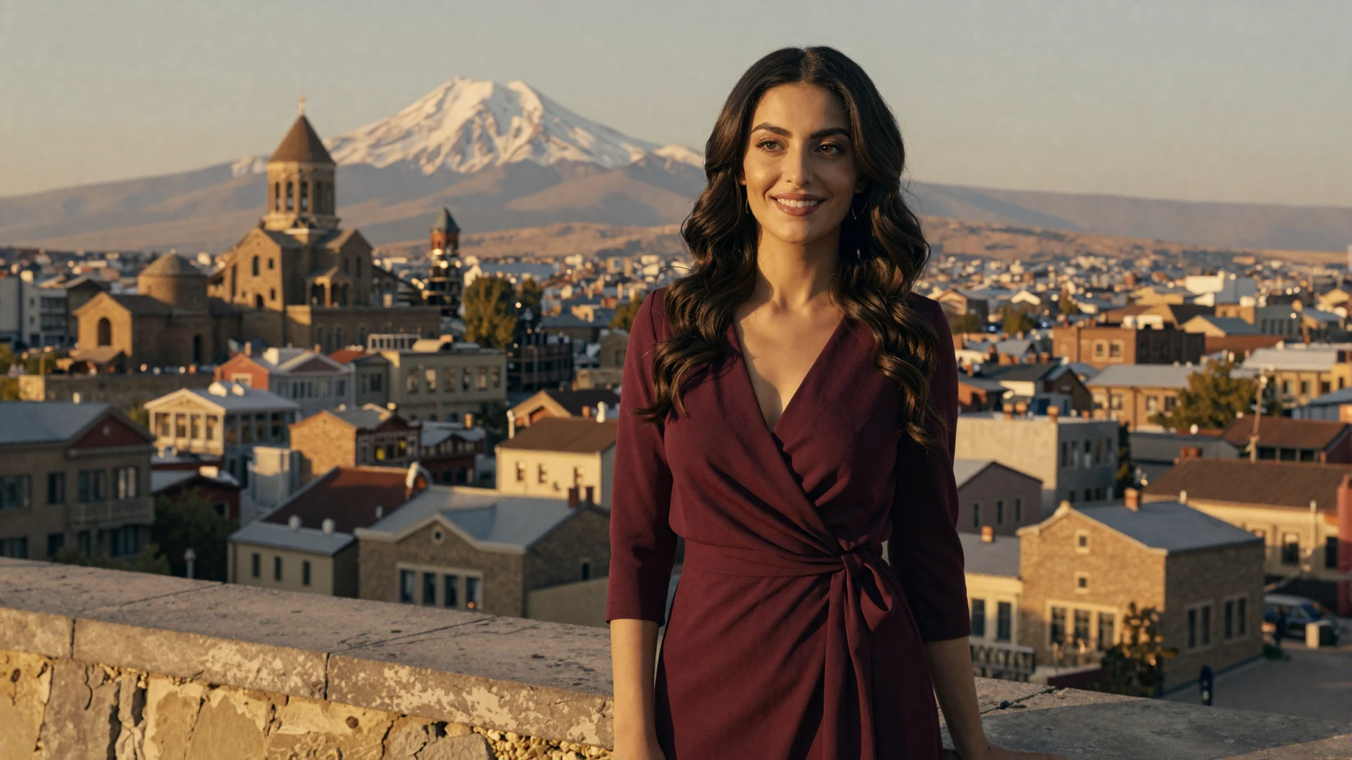 Beautiful Armenian woman in elegant burgundy dress standing on a sunlit terrace overlooking Yerevan with Mount Ararat in the background at golden hour