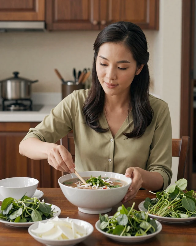 Vietnamese woman preparing a traditional pho meal with fresh herbs in a warm family kitchen