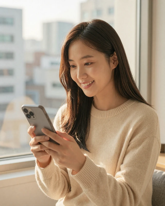 Korean woman smiling while video chatting by a window in Seoul during morning light