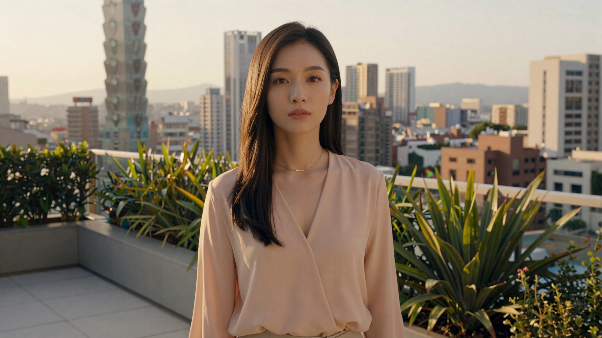 Beautiful Taiwanese woman in an elegant peach blouse standing on a modern Taipei terrace at golden hour with warm urban cityscape background