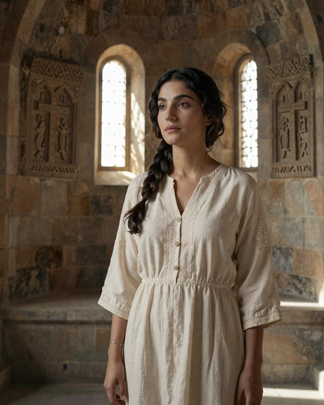 Armenian woman in traditional ivory dress standing inside an ancient Armenian stone church with sunlight illuminating carved khachkar crosses