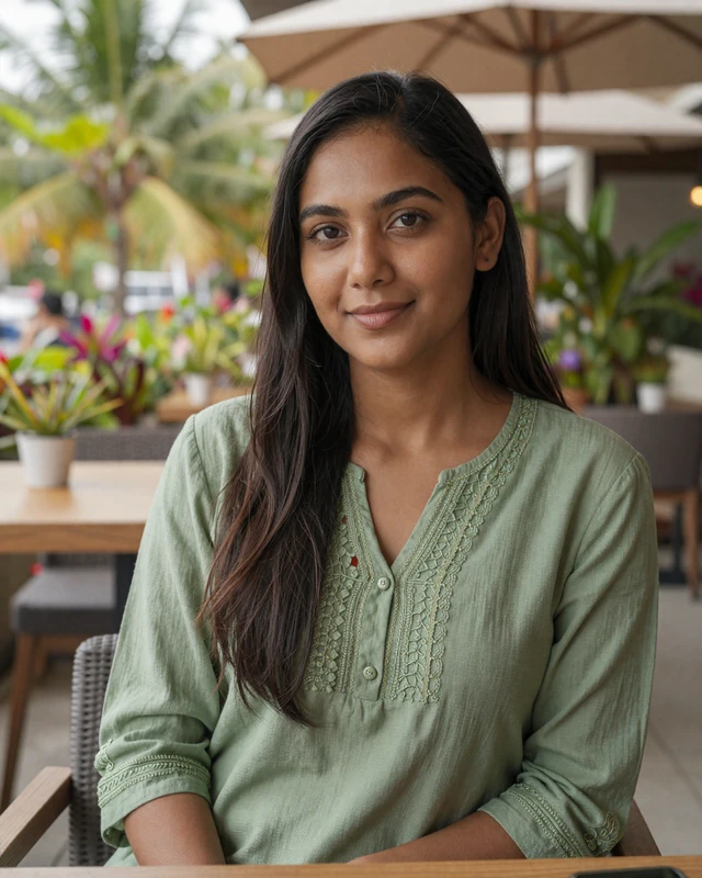Maldivian woman enjoying coffee at an outdoor cafe in Malé city with tropical greenery