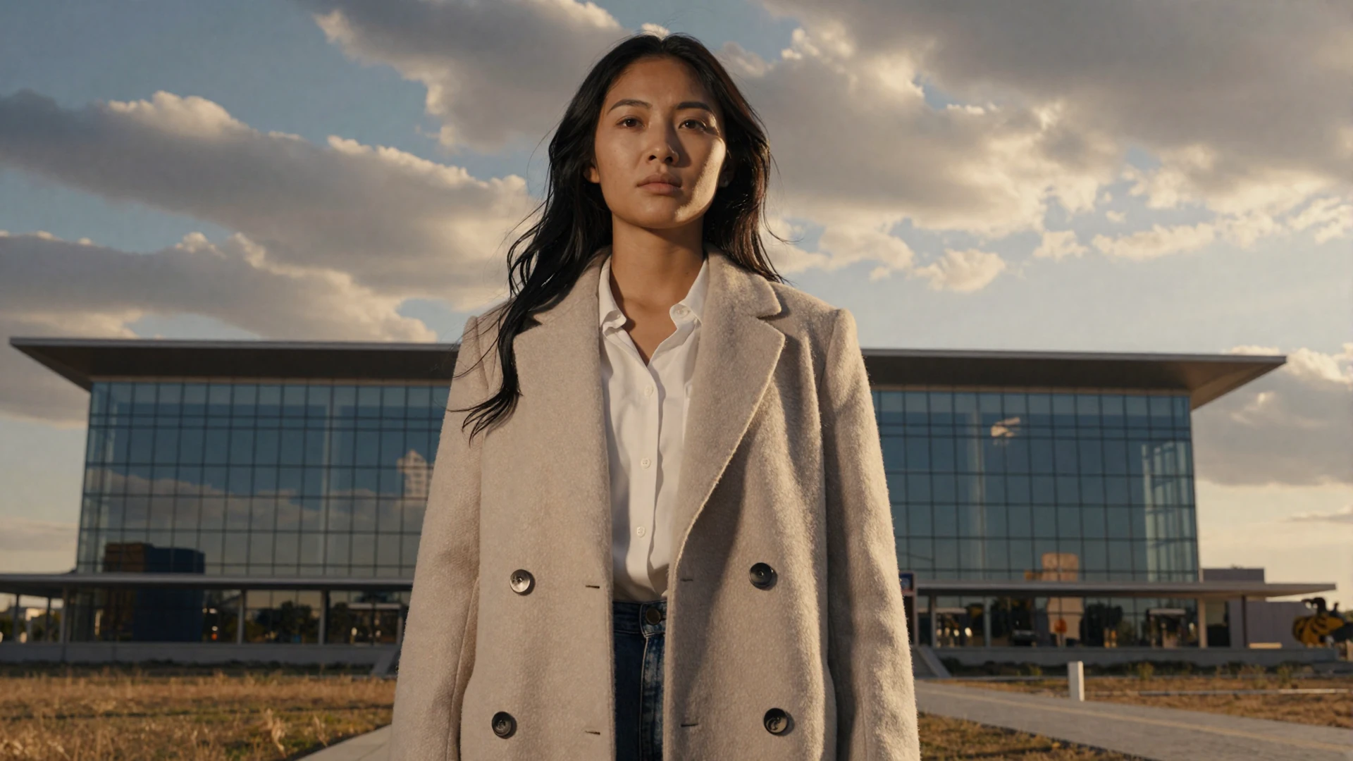 Beautiful Mongolian woman standing confidently in modern Ulaanbaatar with dramatic open sky at golden hour