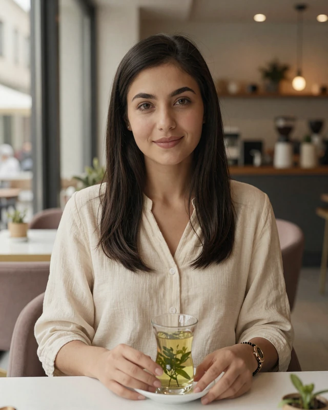 Uzbek woman enjoying green tea at a modern cafe in Tashkent with warm afternoon light