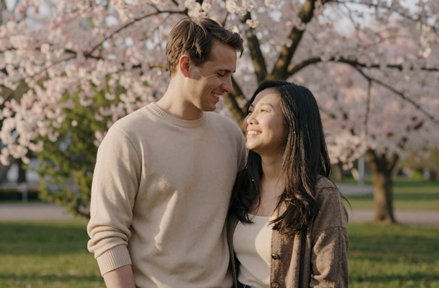 Happy cross-cultural couple enjoying time together in a sunlit park
