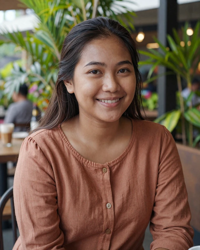 Indonesian Javanese woman enjoying coffee at an outdoor Jakarta cafe with tropical greenery
