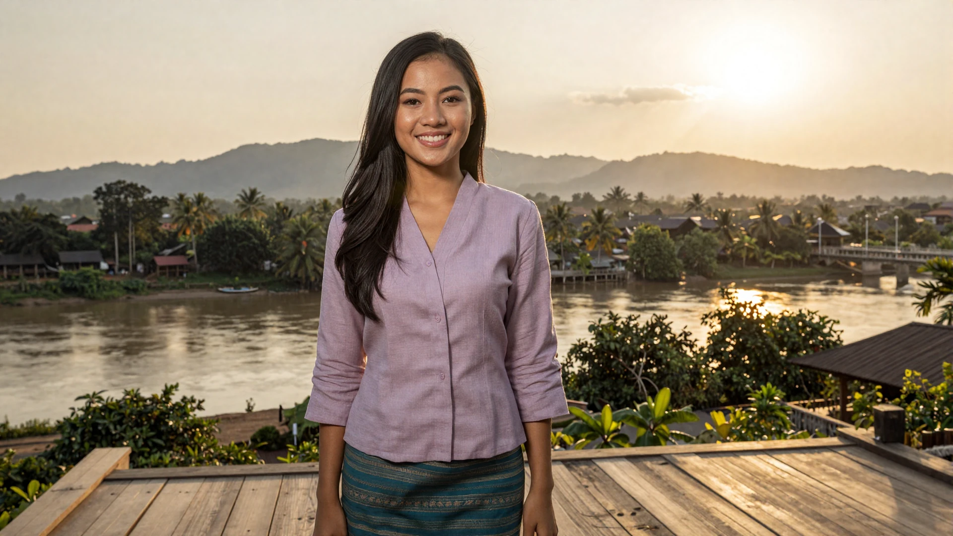 Beautiful Laotian woman in traditional sinh skirt smiling on a terrace overlooking the Mekong River at golden hour