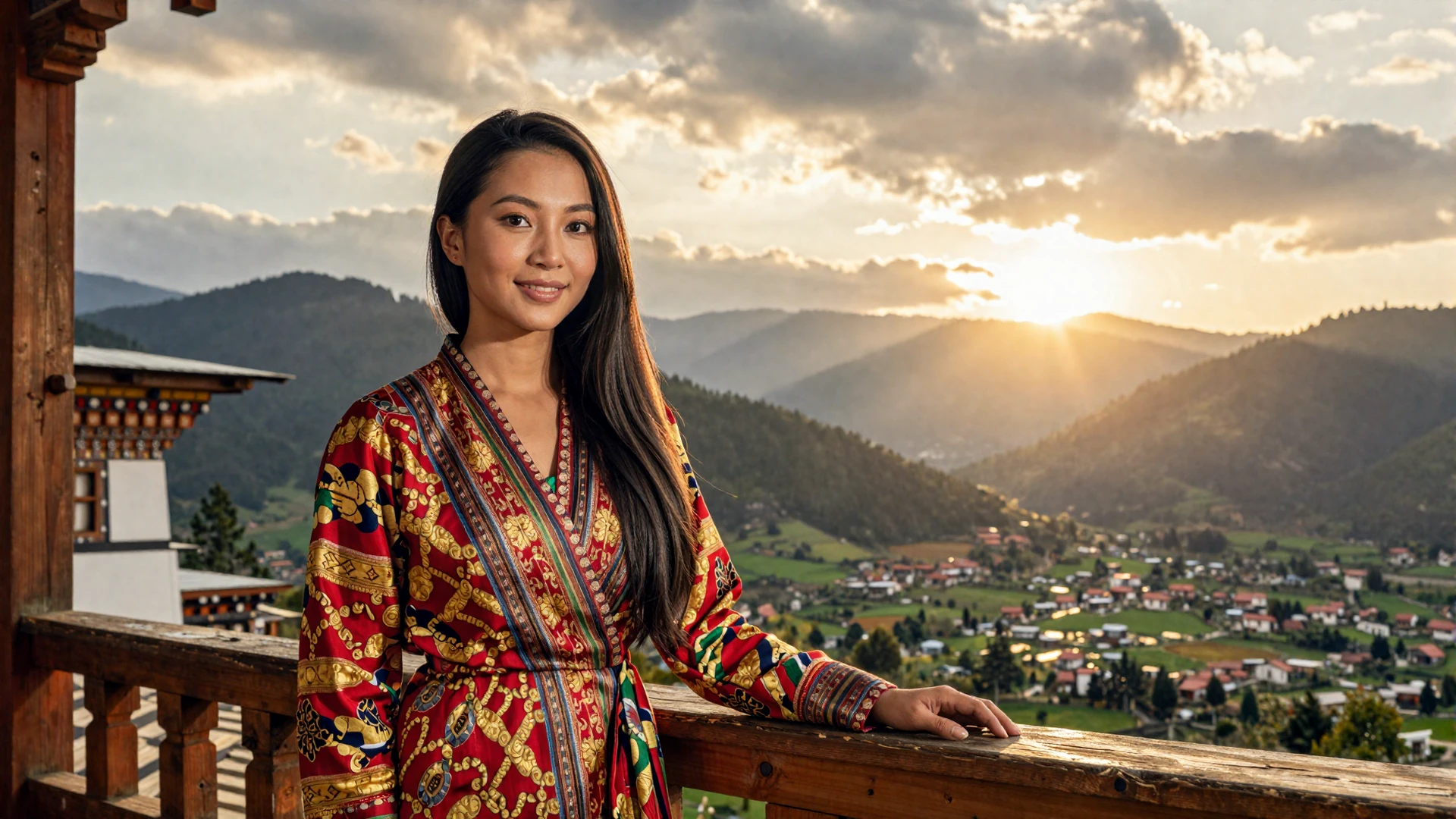 Beautiful Bhutanese woman in traditional kira near Himalayan mountains at golden hour seeking meaningful relationship